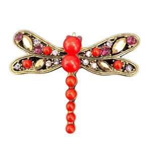 Large Red Dragonfly Lapel Pin – Gold Tone Art Deco Style Insect Brooch